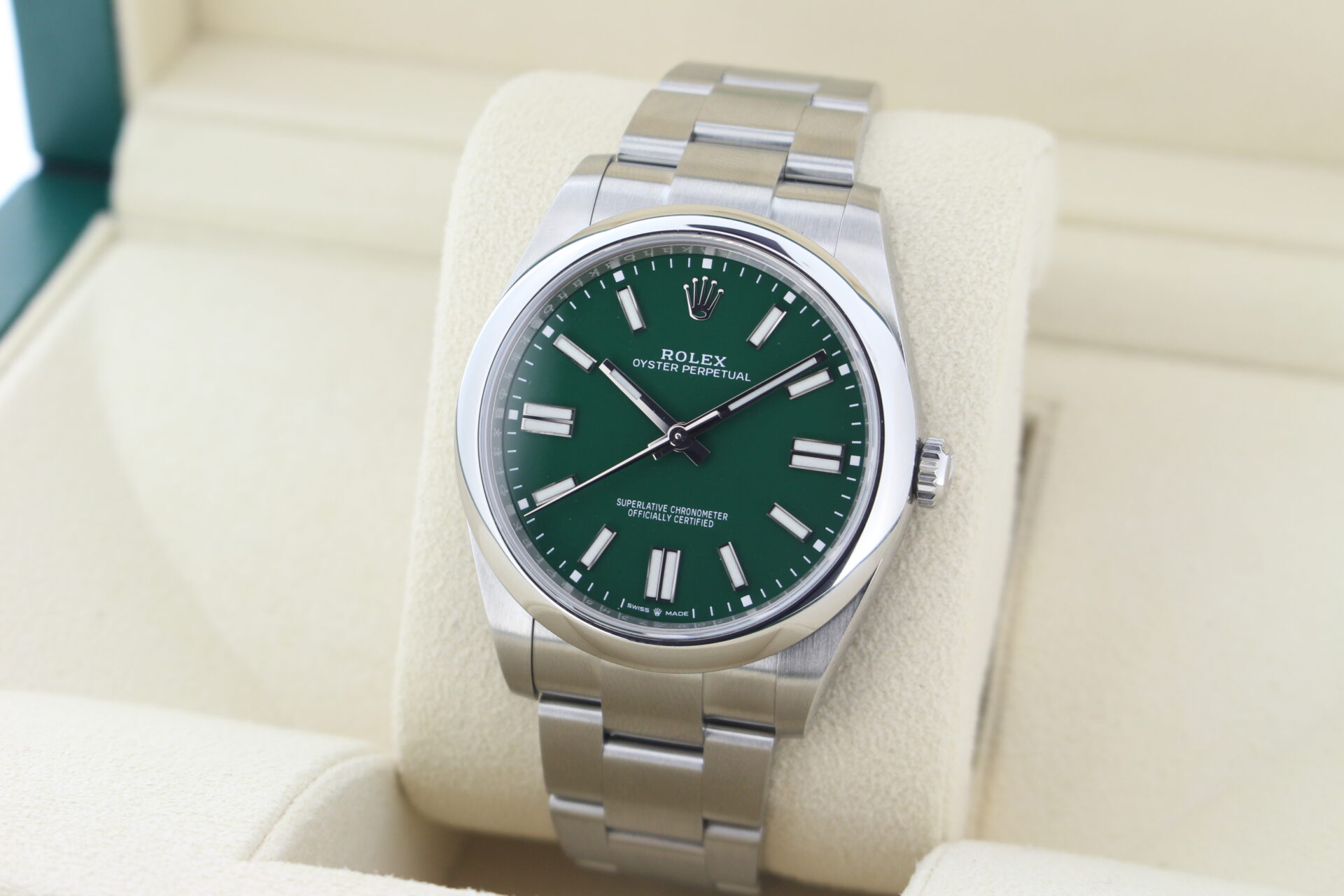Rolex Oyster Perpetual 41 Green 124300 facing towards the left to show the right angle