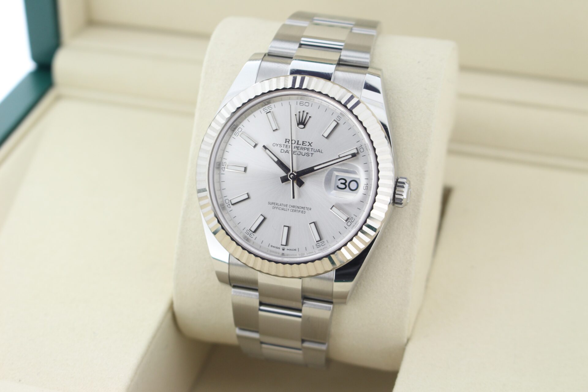 Rolex Datejust 41 Silver 126334 facing towards the left to show the right angle
