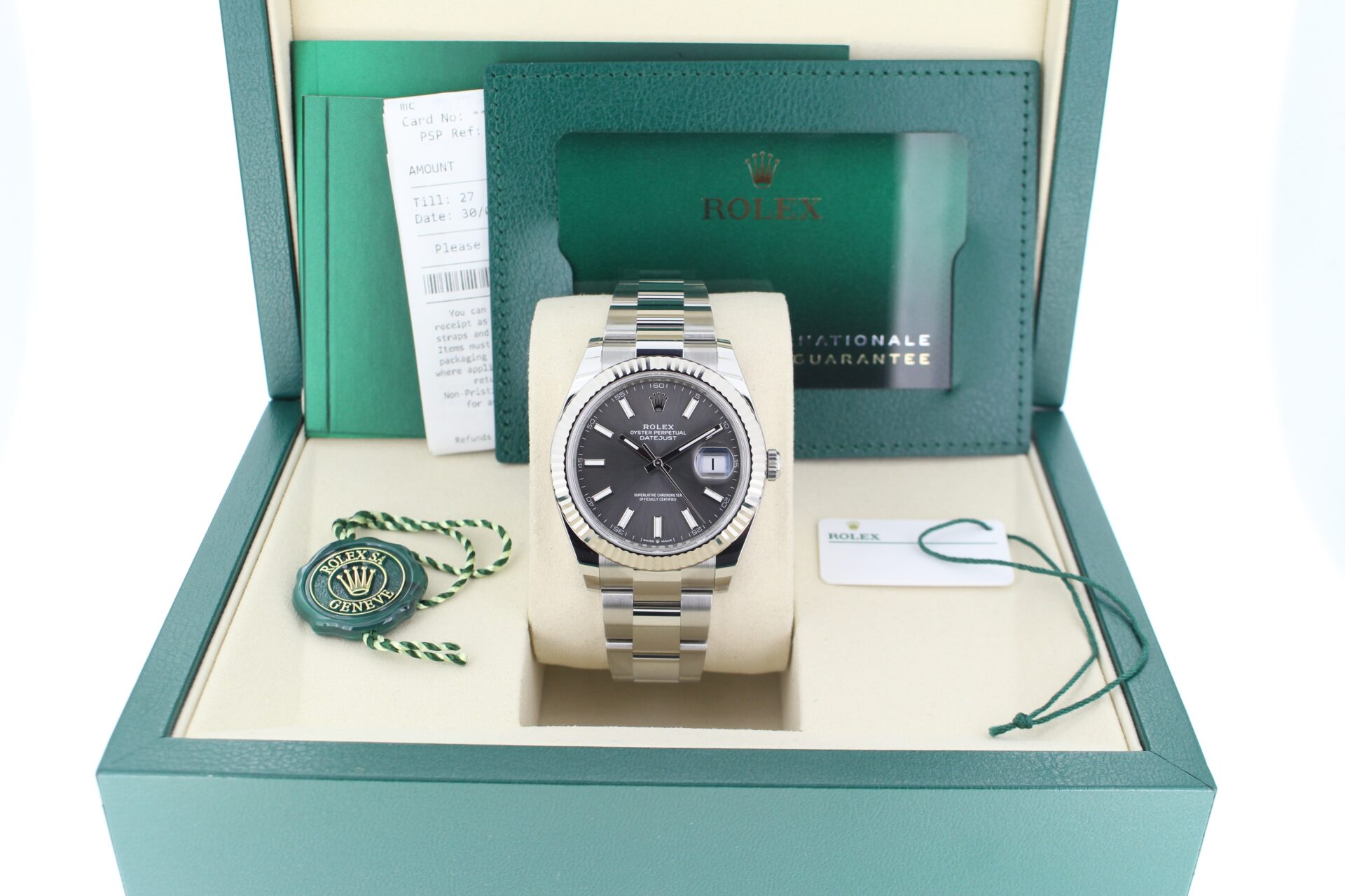 Rolex Datejust 41 Slate Grey 126334 in it's box with both swing tags, booklets, original purchase receipt and warranty cards
