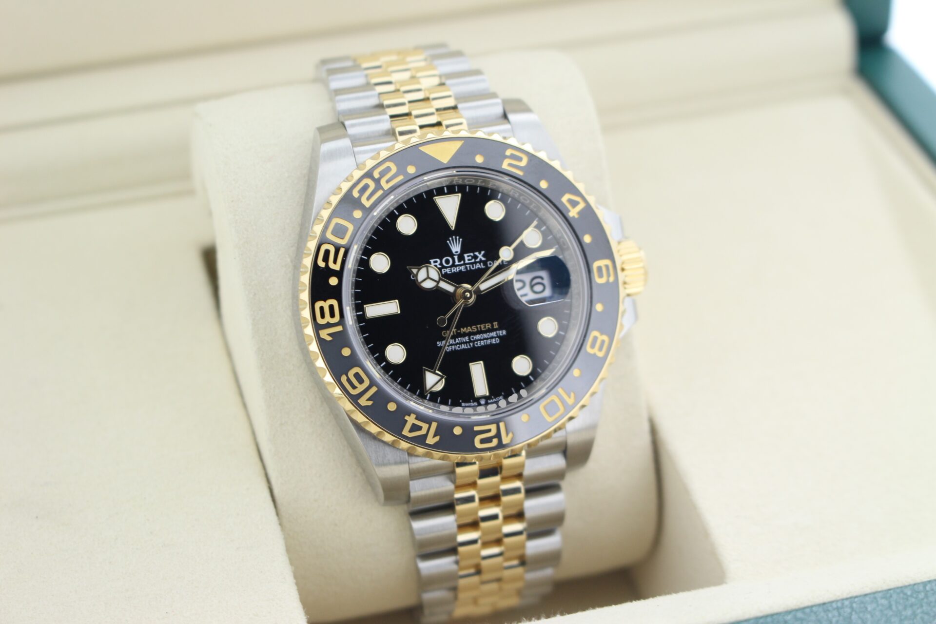 Rolex GMT Master II Zombie 126713GRNR facing towards the right to show the left angle