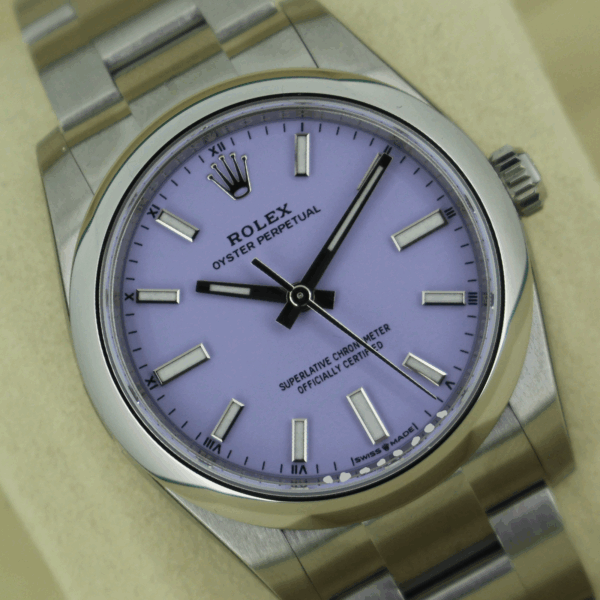 Rolex Oyster Perpetual 34mm Lavender 124200 fully stickered and unworn, warranty card dated October 2025