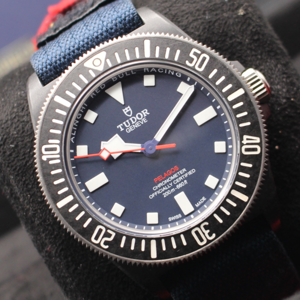 Tudor Pelagos FXD rotated at an angle reading 10 past 10