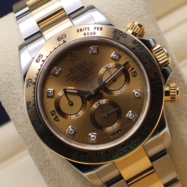 Rolex Daytona champagne diamond dot rotated and an angle