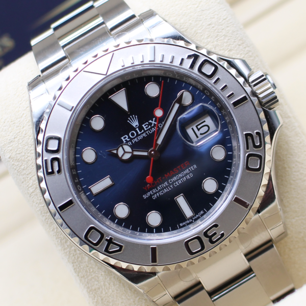 Rolex Blue Yacht-Master with a red second hand displayed at an angle