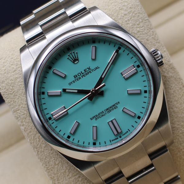 Rolex Oyster Perpetual 40mm with Tiffany dial, tilted on it's cushion