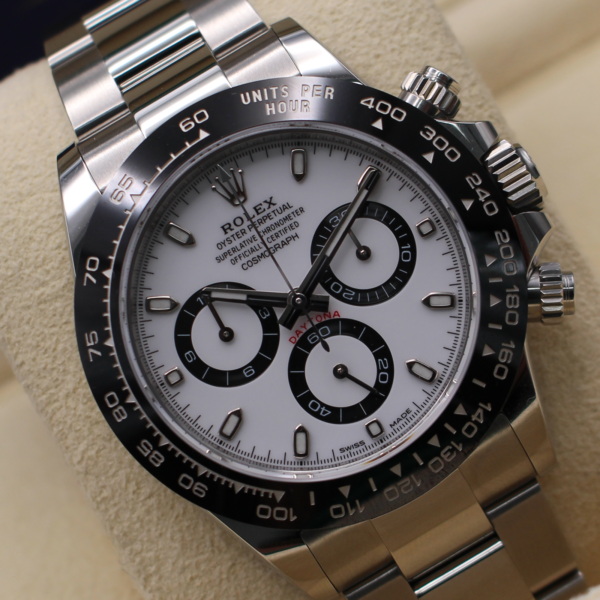 Rolex Daytona Panda on its cushion at an angle