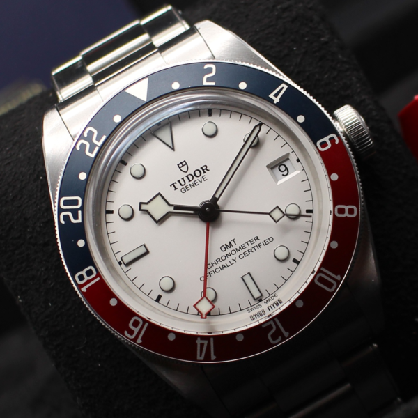 Tudor GMT Pepsi displayed at an angle