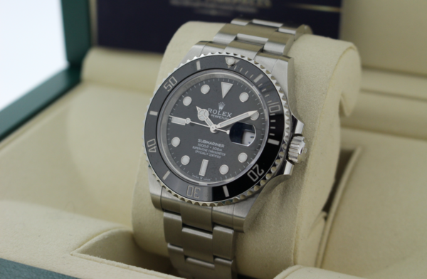 Rolex Submariner 126610LN in its box facing left, showing the right side